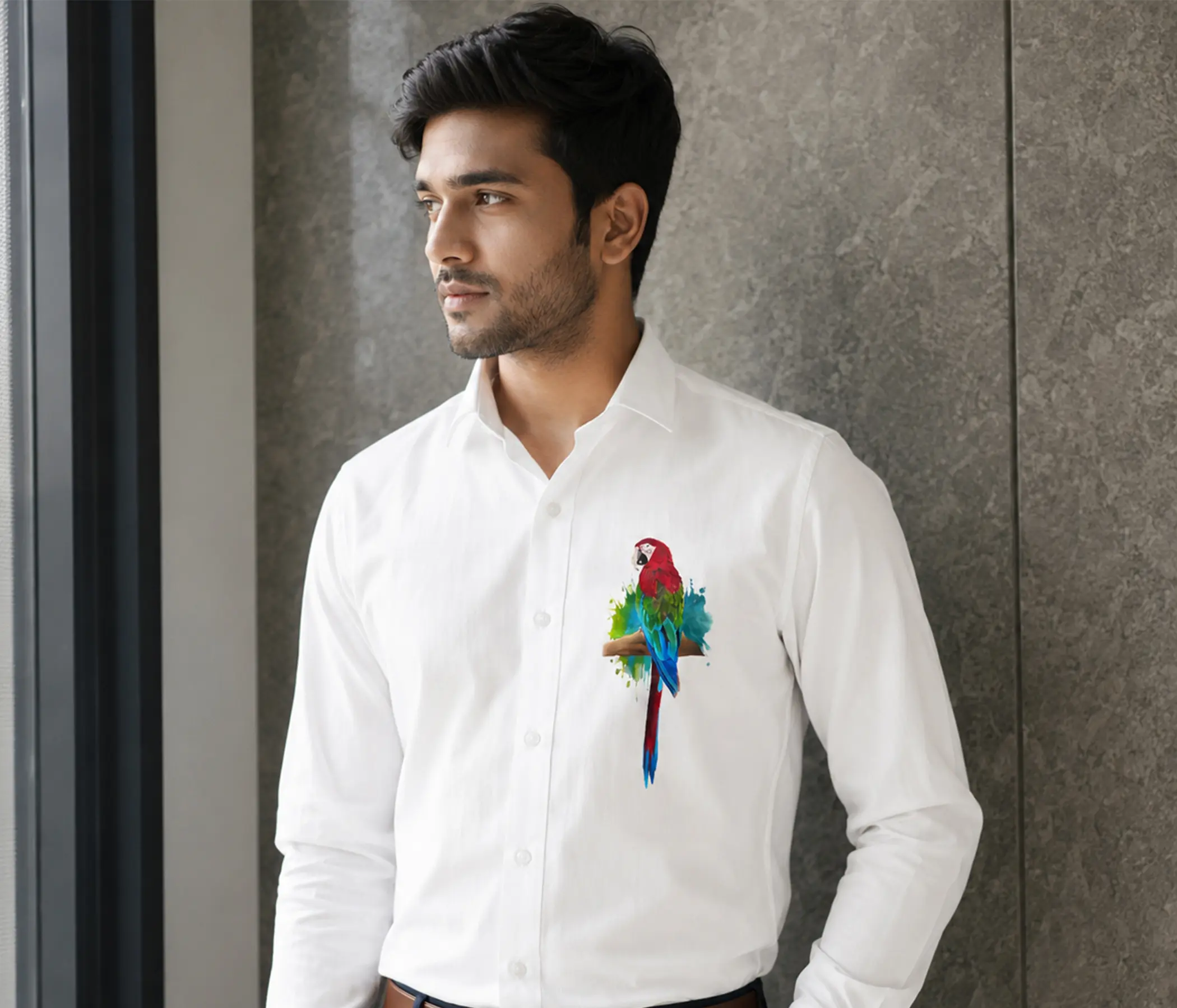 Mens Collection – Pure White Hand-Painted Macaw Shirt for Perfect Mens Wear